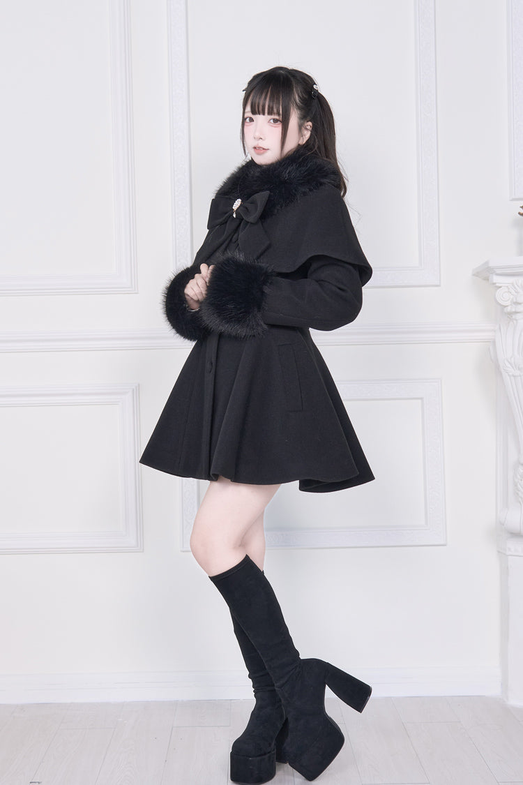 Black Plush Collar Long Sleeves Bowknot Japanese Sweet Lolita Coat