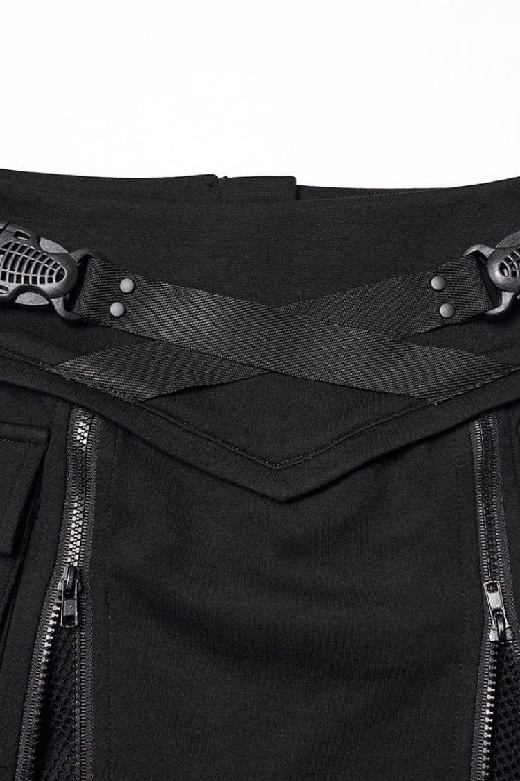 Black Lace-Up Zippered Women's Punk Cool Big Pockets Techwear Skirt