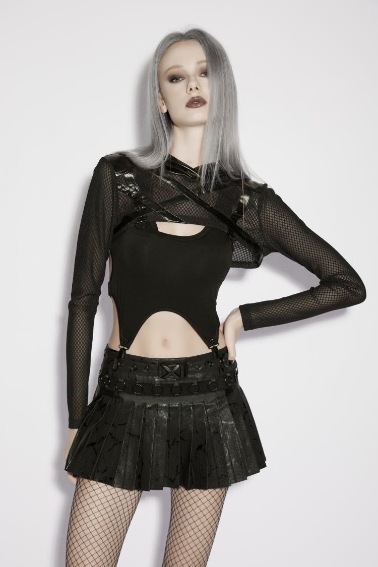 Black Irregular Hooded Sheer Eyelet Women's Punk Cool Cape