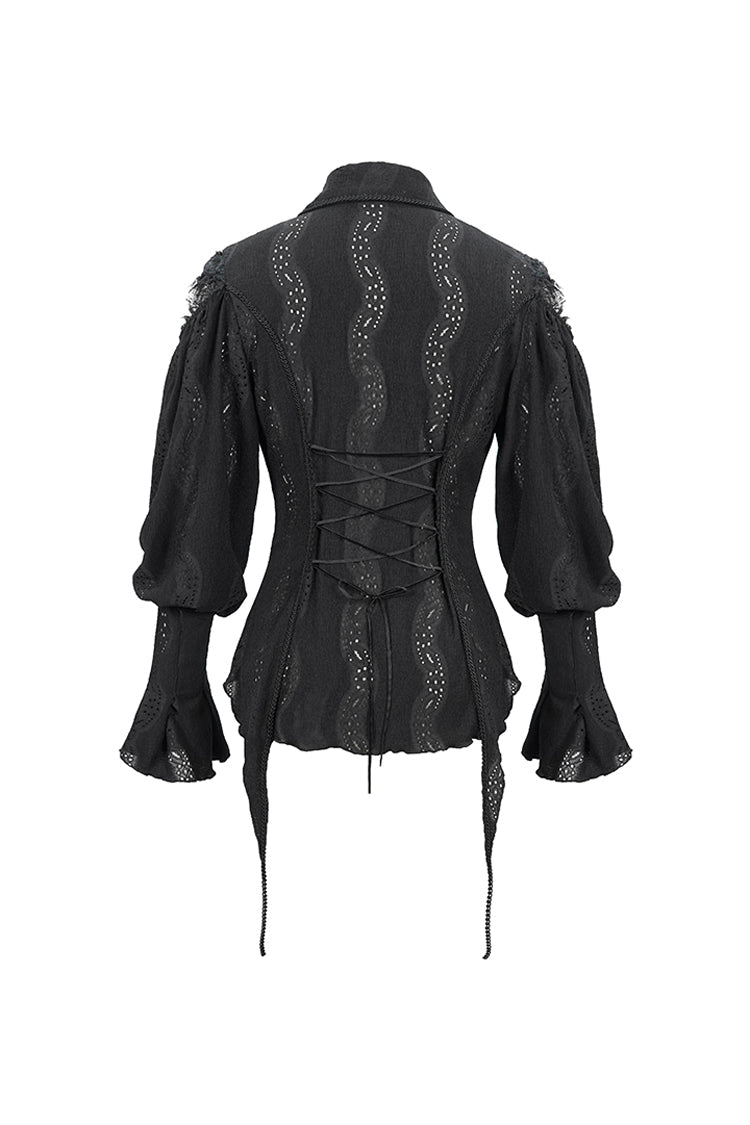 Black Front Chest Webbing Appliques Hollow-Out Lantern Sleeve Flare Cuff Back Waist Lace Up Women's Gothic Blouse