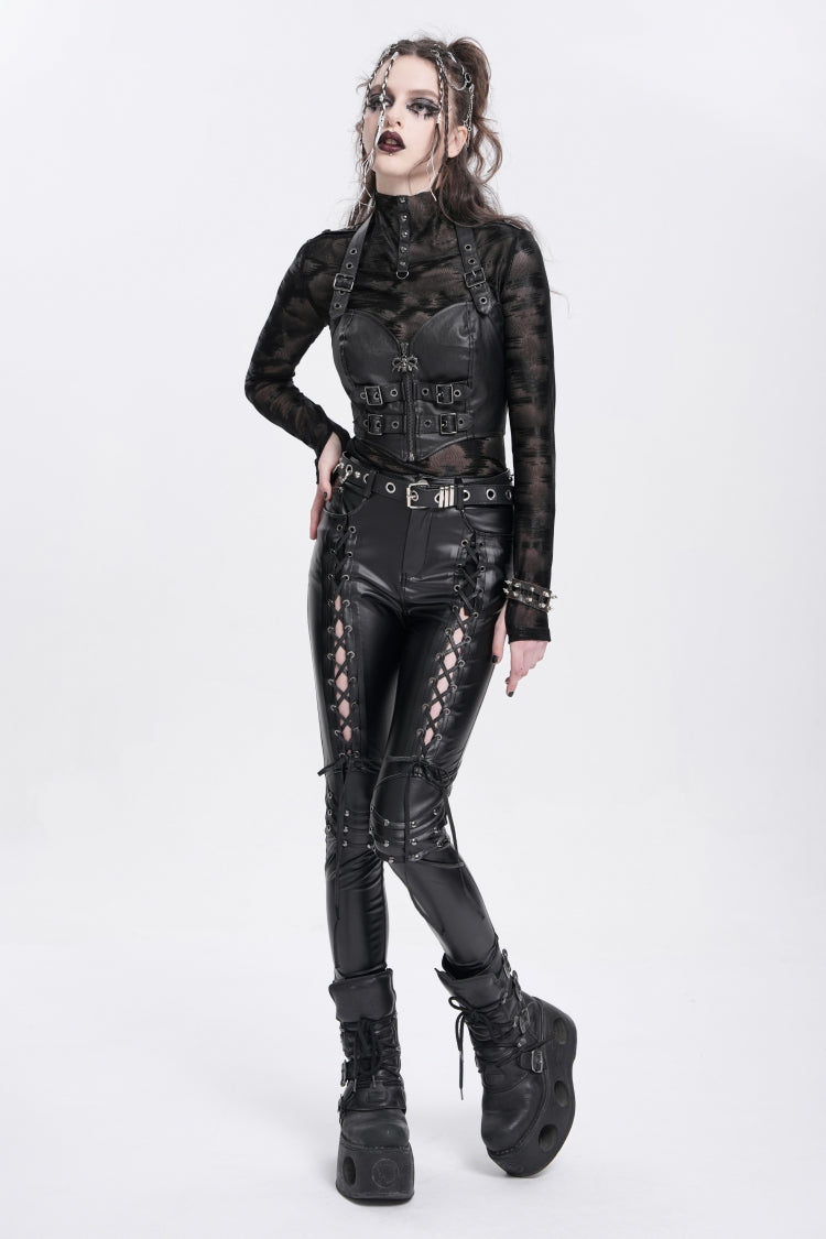 Black Lace-Up Ripped Rivet Women's Punk Pants