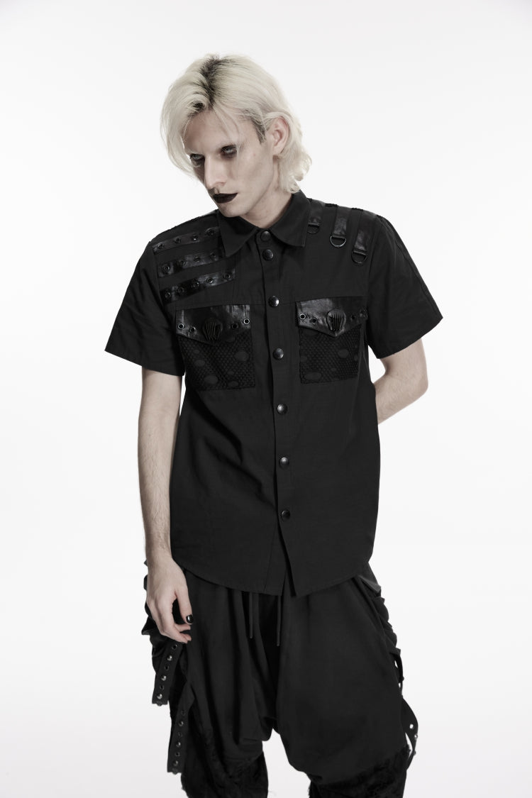 Black Lapel Collar Short Sleeves Cut-Out Spliced Men's Punk Shirt