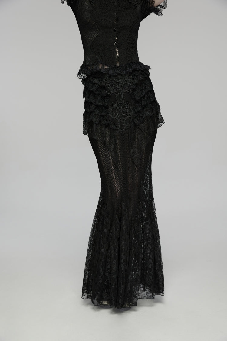 Black Embroidered Spliced Ruffled Lace Slim Mesh Women's Gothic Mermaid Skirt