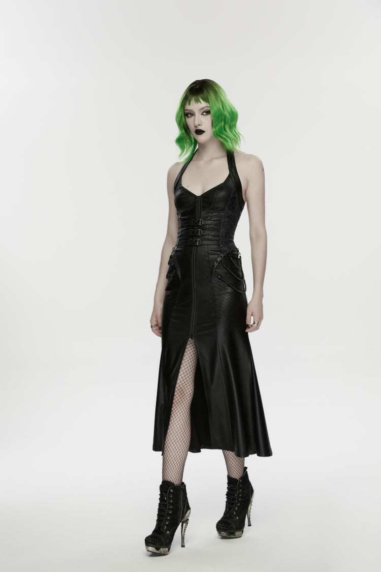 Black Halterneck Sleeveless Lace-Up Slim Buckled Women's Punk Dress