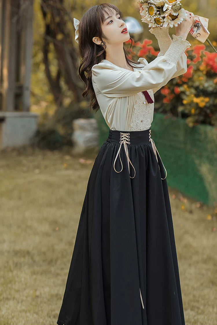 Black Lapel Collar Long Sleeves High Waisted Lace-Up Wave Hem Classic Lolita Two-Piece Skirt Set