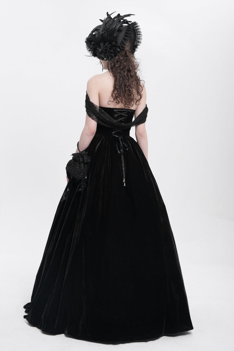 Black Off Shoulder Embroidery Lace Lace-Up Women's Gothic Gown Dress