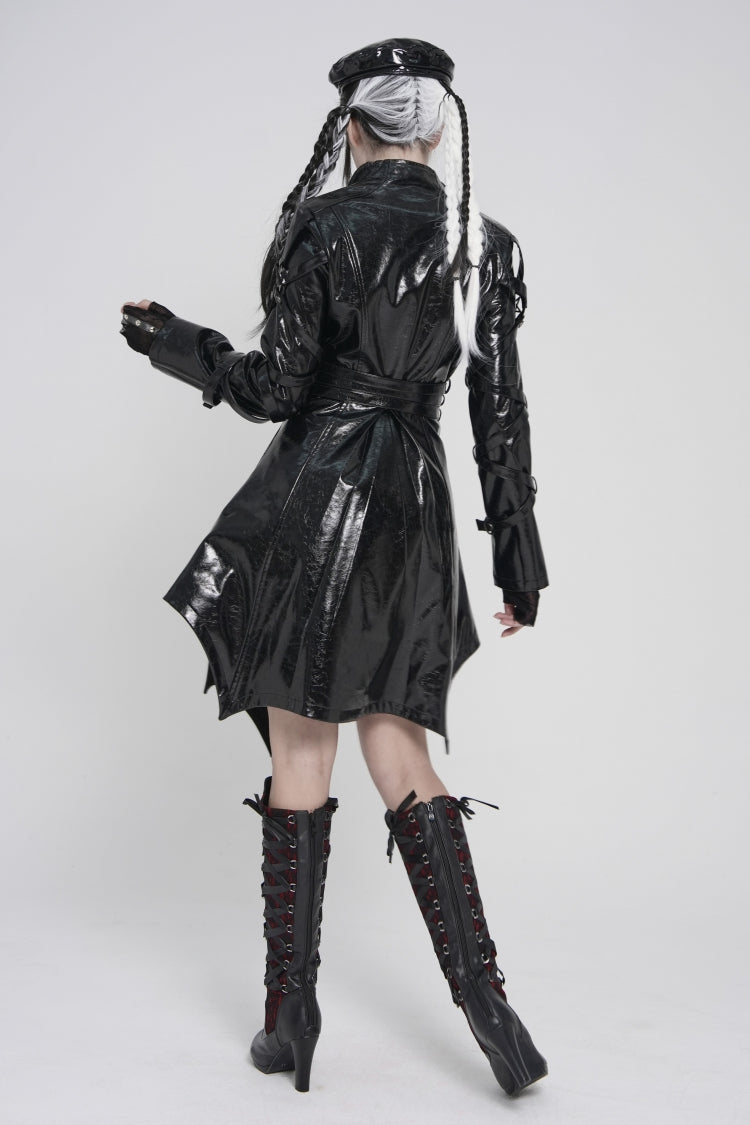 Black Lapel Collar Long Sleeves Lace-Up Irregular Eyelets & Rings Women's Punk Coat
