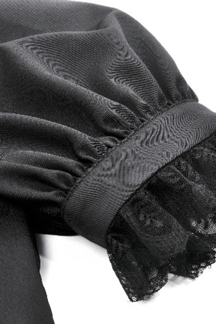 Black Point Lapel Collar Short Puff Sleeves Women's Gothic Blouse with Removable Rosette Cravat