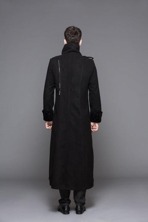 Black Detachable One Sided Shawl Double Sided Woollen Thick Mens Punk Long Coat