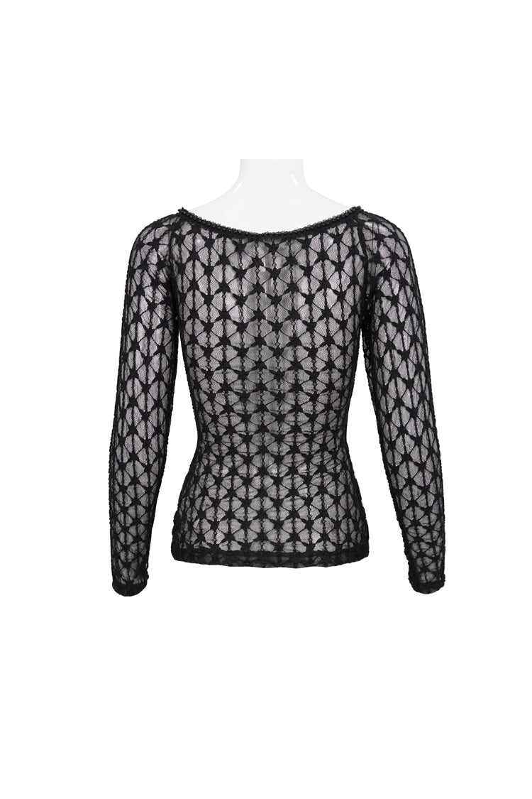 Black Lace Mesh Front Red Diamond Long Sleeve Transparent Women's Punk T-Shirt
