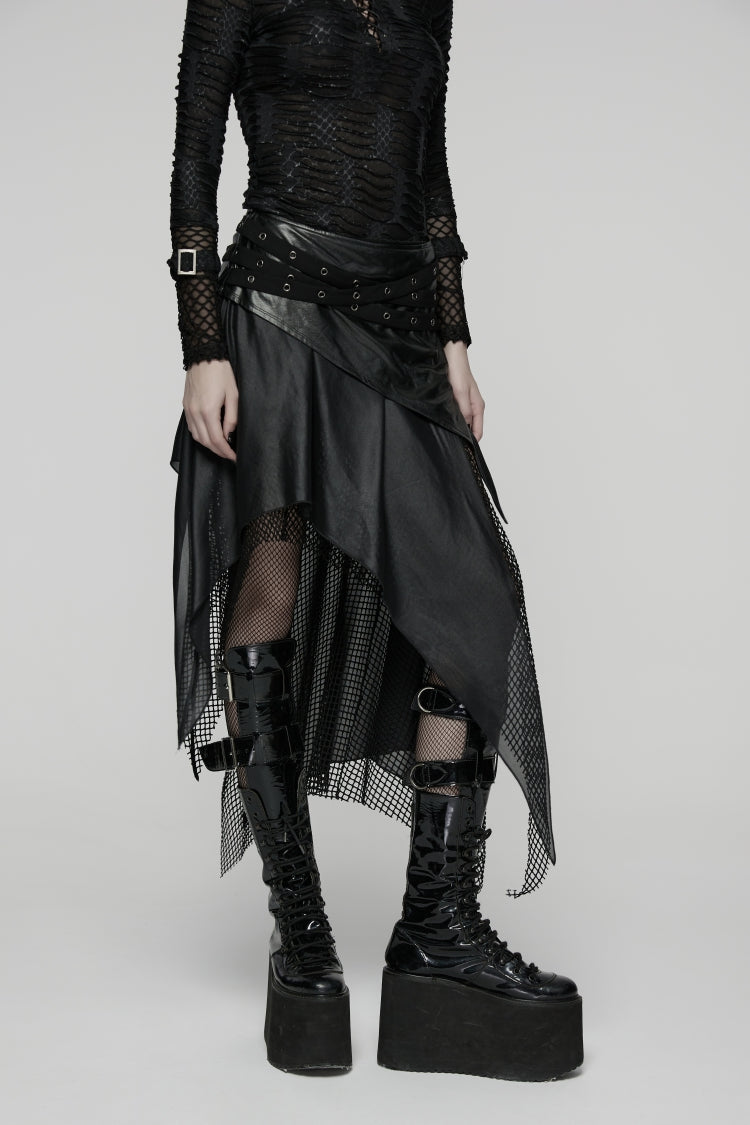 Black Double-Layered Irregular Eyelet Women's Punk rregular Wasteland Skirt