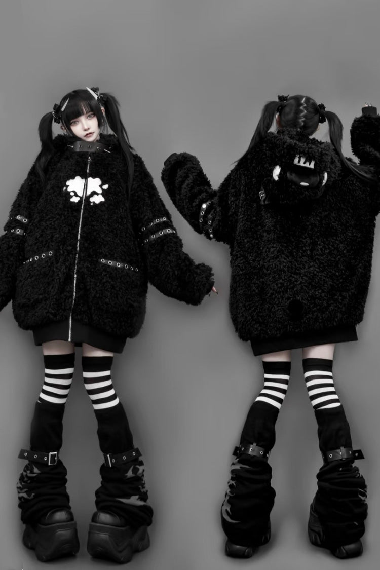 Black Long Sleeves Bear Ears Hooded Zippered Gothic Jirai Kei Lolita Coat