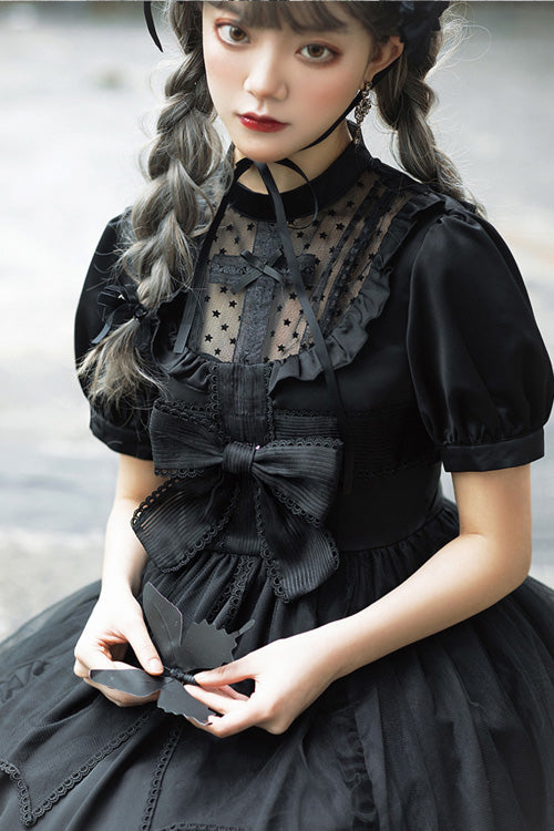 Black Elegant Round Collar Bowknot Short Sleeves High Waisted Gothic Lolita OP Dress
