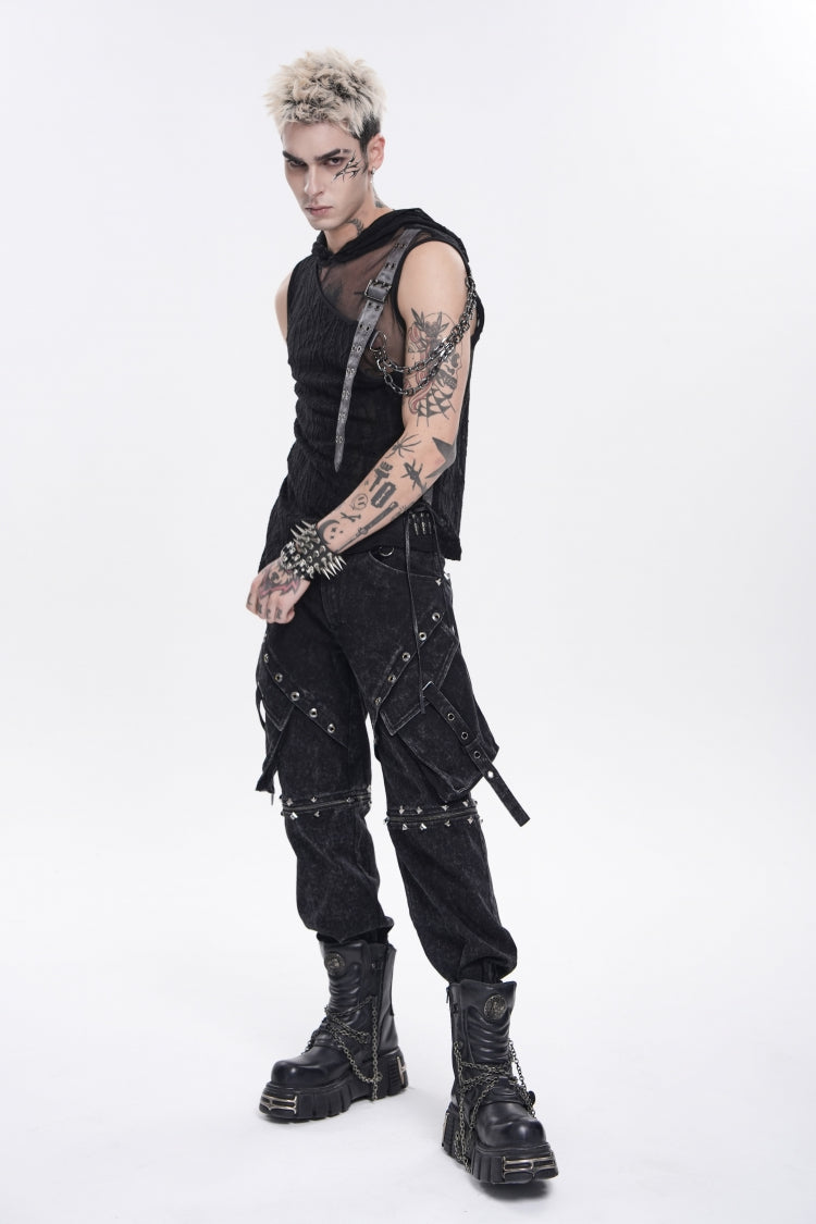 Black Hooded Sheer Asymmetric Chain-Decorated Men's Punk Hooded Vest