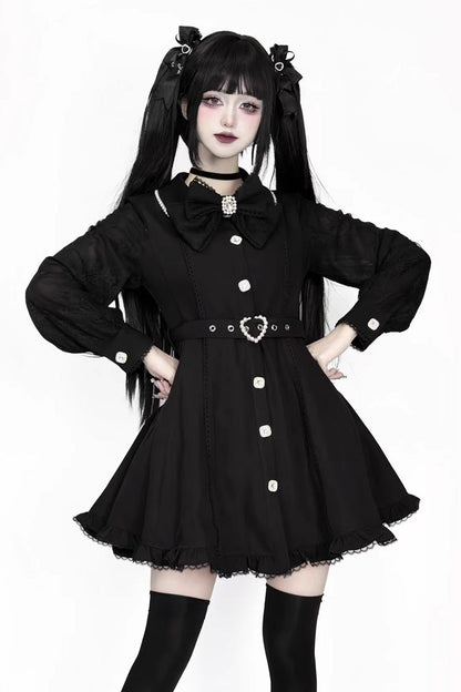 Black Long Sleeves Removable Cape Ruffle Lace Gothic Jirai Kei Elegant Dress