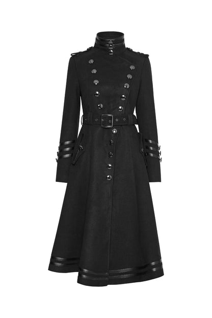 Black Military Uniform Double Breasted Womens Long Gothic Coat With Belt