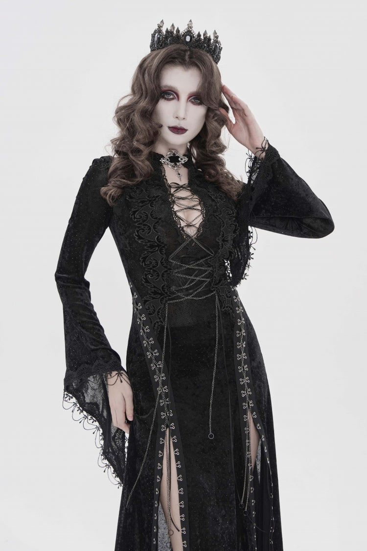 Black Halterneck Long Trumpet Sleeves Hanayome Lace Lace-Up Slim Chain-Decorated Women's Gothic Dress Plunging Split Maxi Dress