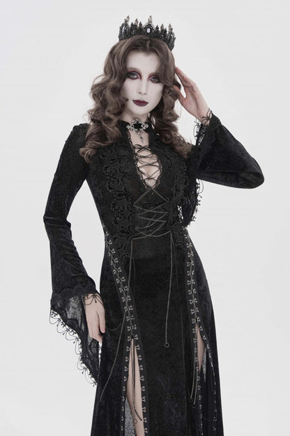 Black Halterneck Long Trumpet Sleeves Hanayome Lace Lace-Up Slim Chain-Decorated Women's Gothic Dress Plunging Split Maxi Dress