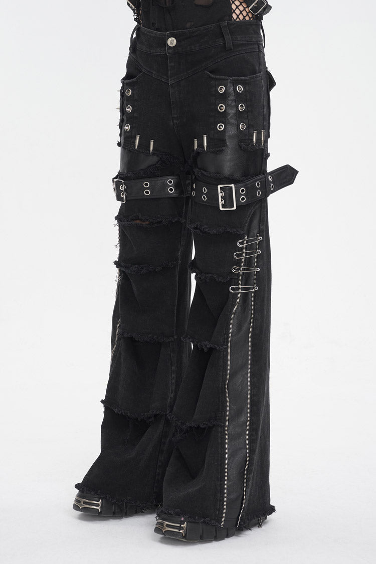 Black Faux Leather Splice Men's Punk Flared Pants