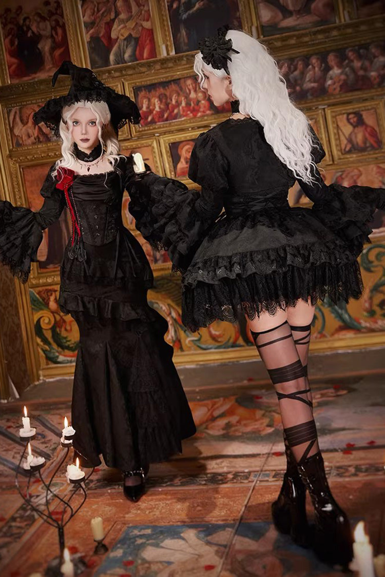 Black  [Letters & Poems · Twilight] Multi-Layered Jacquard Ruffled Witch Gothic Lolita Skirt 2 Versions