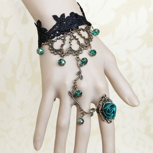 Black Lace Green Bead Gothic Lolita Bracelet Ring Jewelry