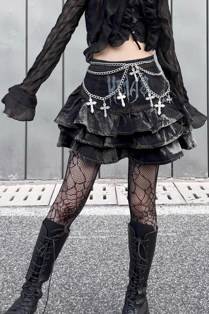 Black High Waisted Print Chain Rock Gothic Skirt