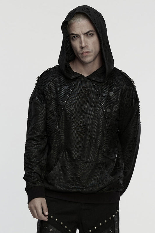 Black Long Sleeves Hooded Ripped Eyelets Men's Punk Coat