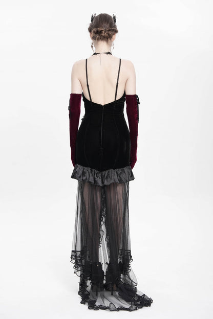 Black Floral Embroidery Mesh Hem Women's Gothic Long Slip Dress