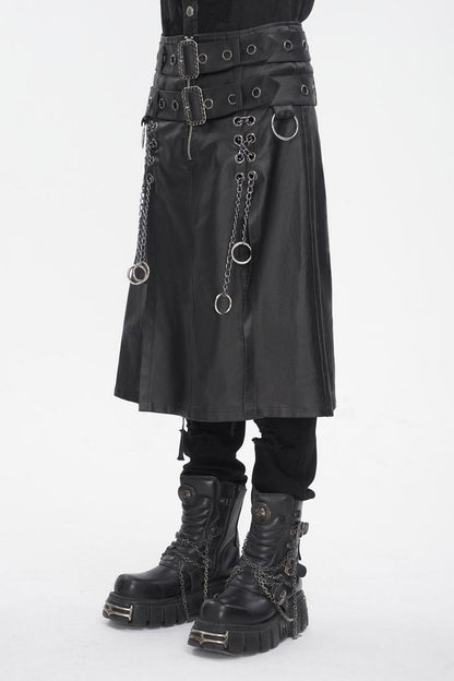 Black Men's Double Belt Side Slit Gothic Skirt