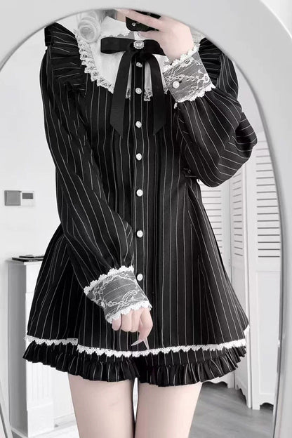 Black Doll Collar Long Sleeves Vertical Striped Printed Ruffled Bow Classic Lolita Dress