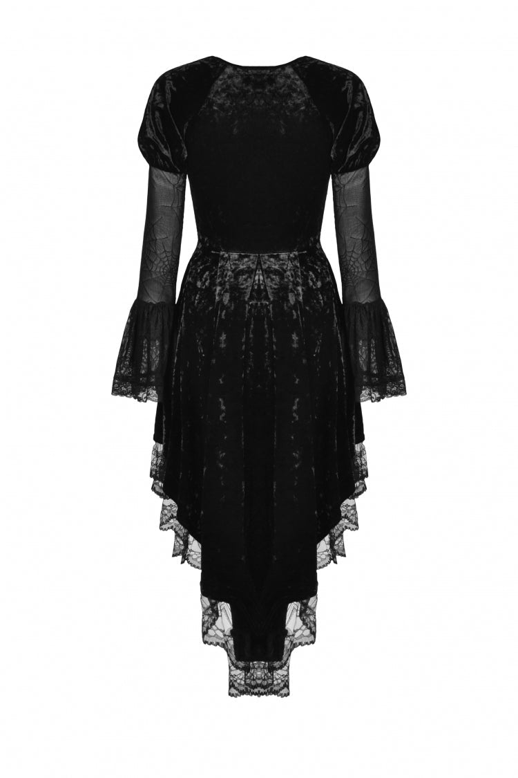 Black Long Puff Sleeves High Low Irregular Multi-Layered Lace Women's Gothic Velvet Dress