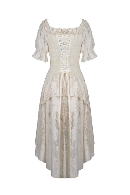 Beige Ruffled Off Shoulder Short Sleeves Ruched Women's Steampunk Vintage Gorgeous Graduation Dress