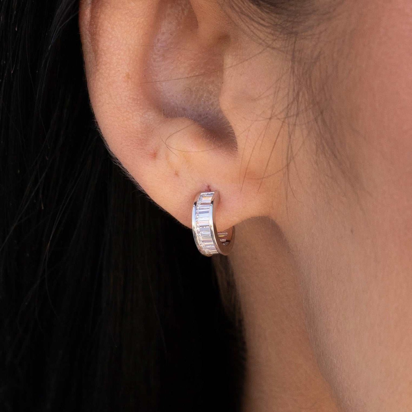 Baguette Hoop Stud Earrings in White Gold