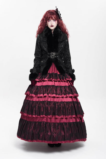 Black Long Sleeves Rose Floral Embroidery Buckle Straps Women's Gothic Coat