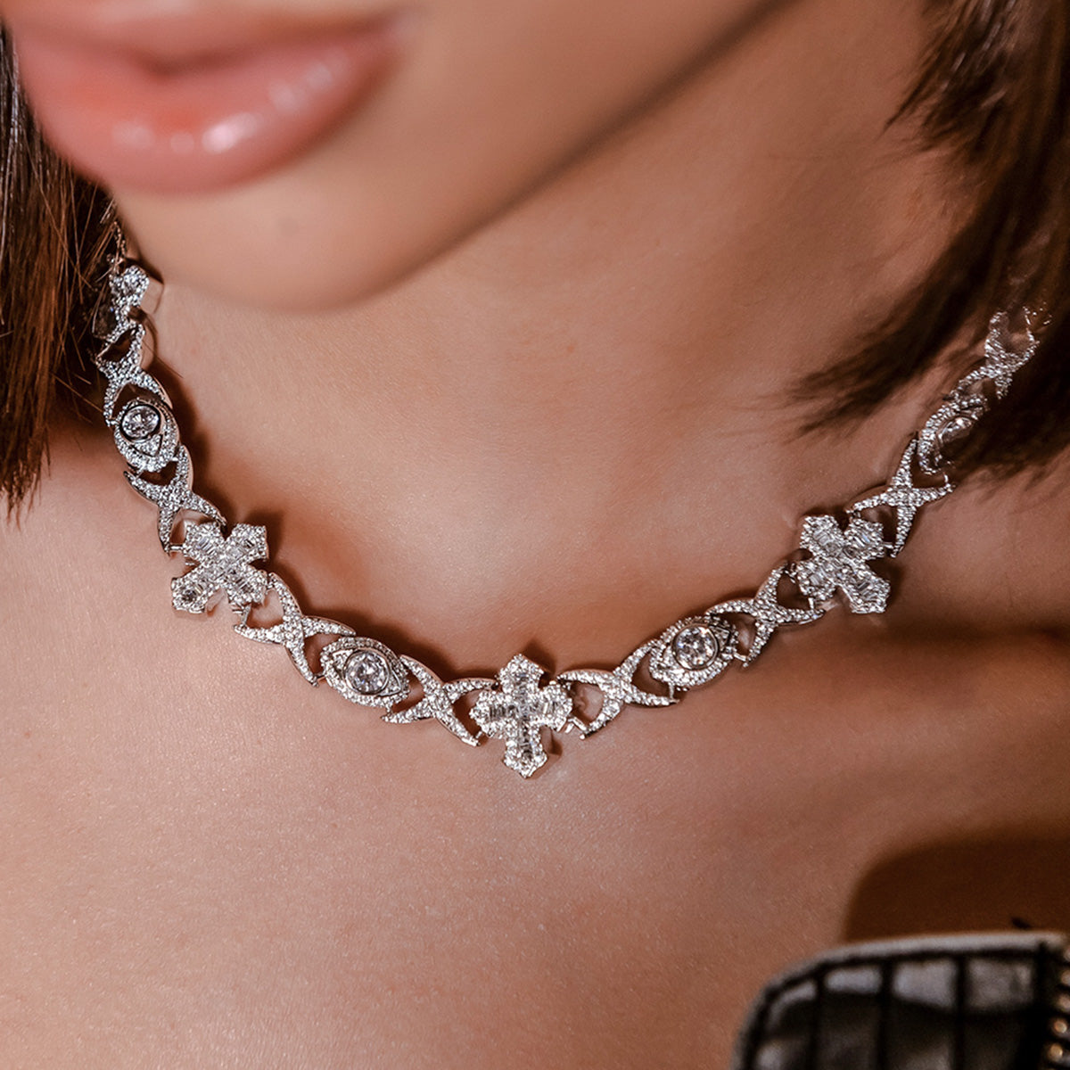 Baguette Cross Evil Eye Necklace in White Gold - 16mm