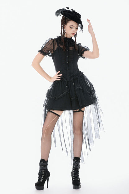 Black Multi-Layered Ruffled Lace Short Puff Sleeves Sheer Women's Courtly Gothic Blouse