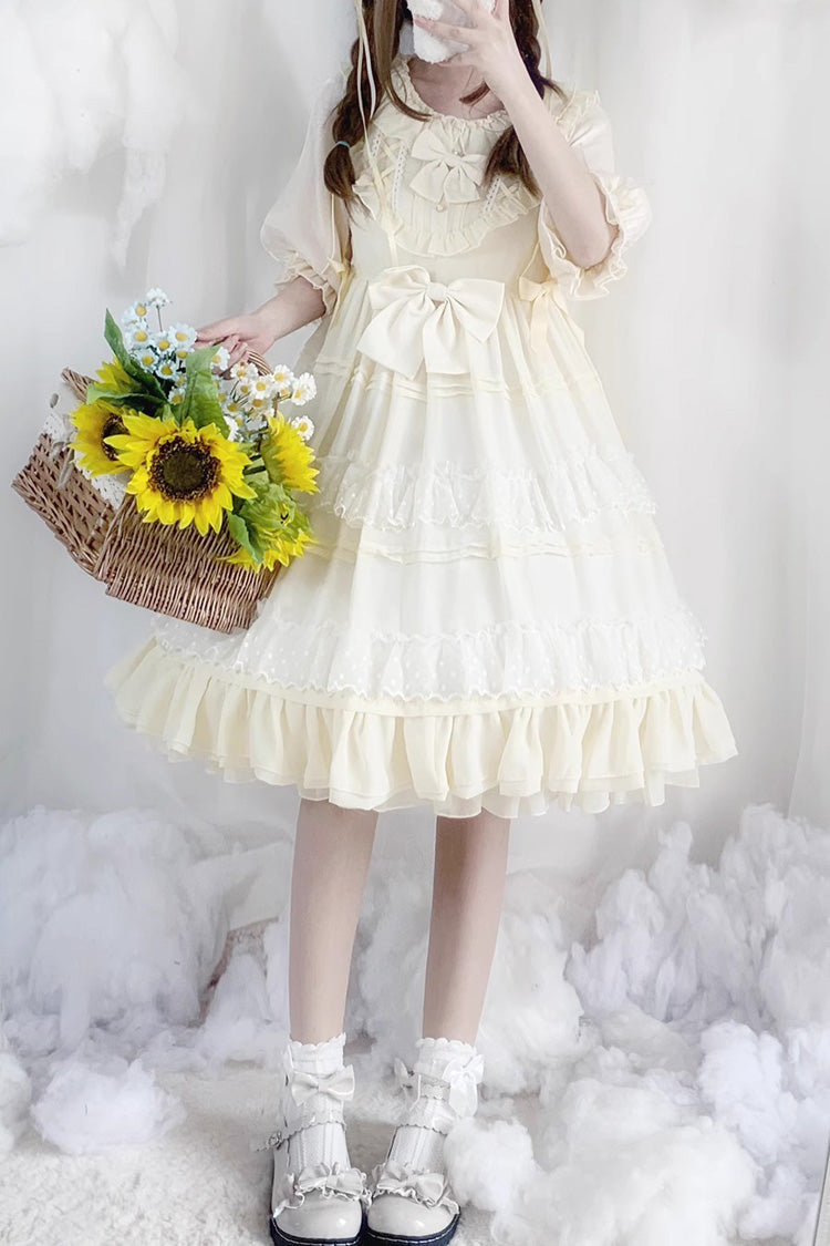 Beige Lace Cool Angel Short Sleeves Bowknot Ruffle Sweet Lolita Dress