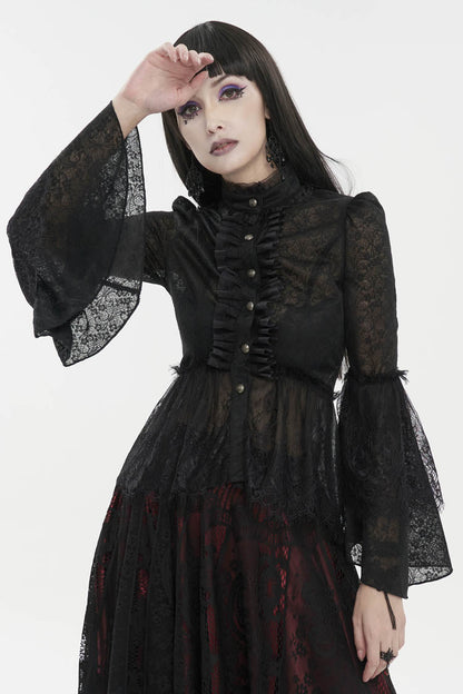 Black Lace Round Collar Flared Sleeved Women's Gothic Shirt
