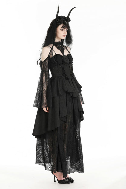 Black Off Shoulder Long Puff Sleeves Cut-Out Lace Women's Gothic Cape