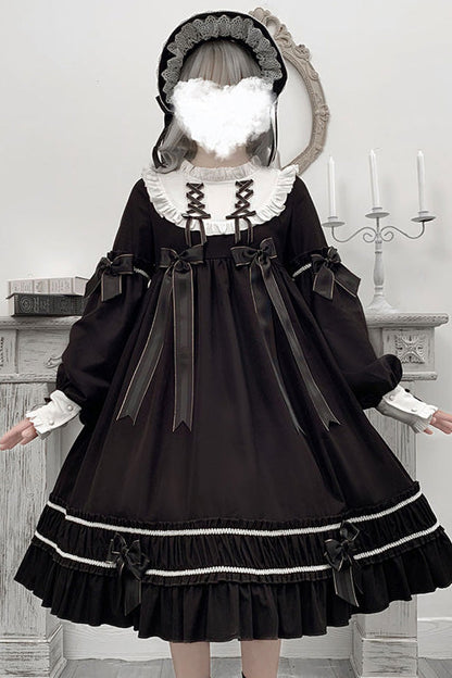 Black Bowknot Ruffled Long Sleeves Lolita OP Gothic Lolita Dress