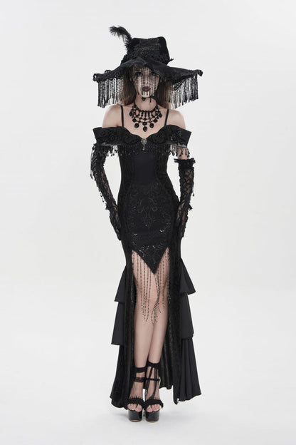 Black Off Shoulder Sleeveless Embroidered Lace Slim Women's Gothic Gorgeous Strapless Dress