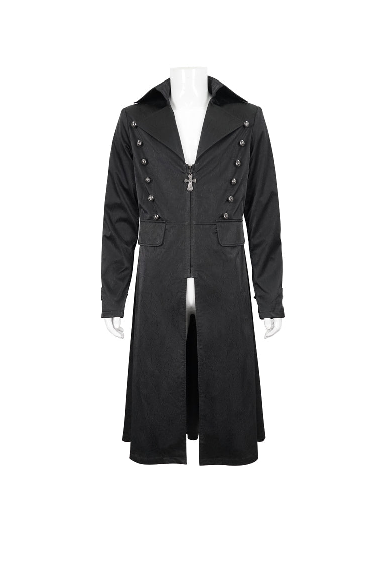 Black Lapel Collar Double Breasted Metal Cross Zip Men's Gothic Long Coat