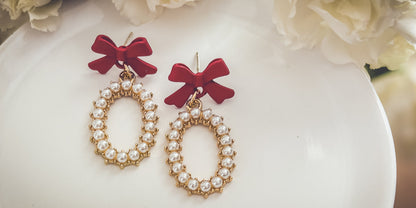 Beautiful Red Bow and Pearl Earrings
