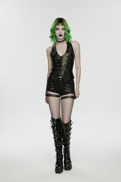 Black Halterneck Slim Studded Zippered Women's Punk Vest
