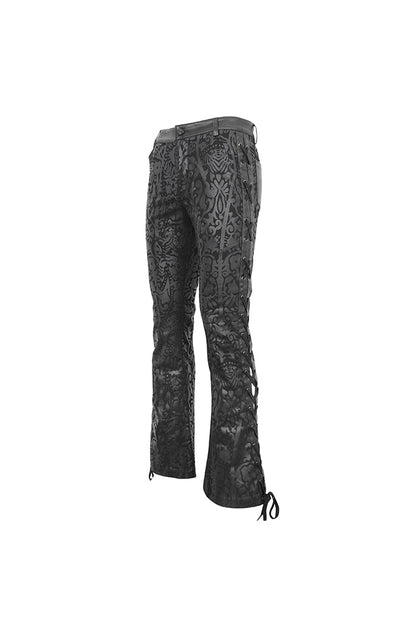 Black Lace Up Totem Printed Men's Punk Flared Pants