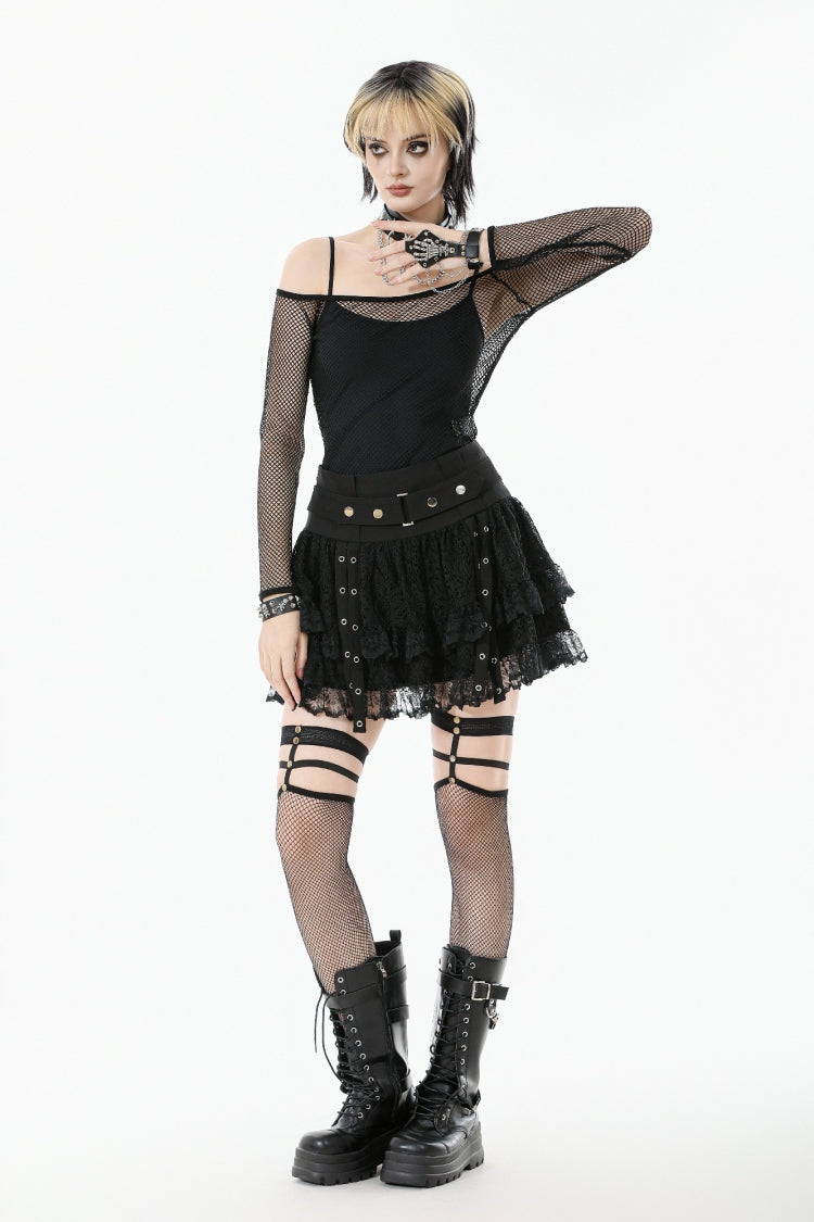 Black Off Shoulder Long Sleeves Mesh Women's Gothic Versatile Top