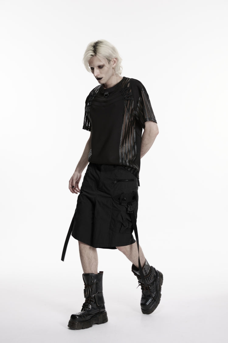 Black Buckled Men's Punk Shorts WIth Big Pocket