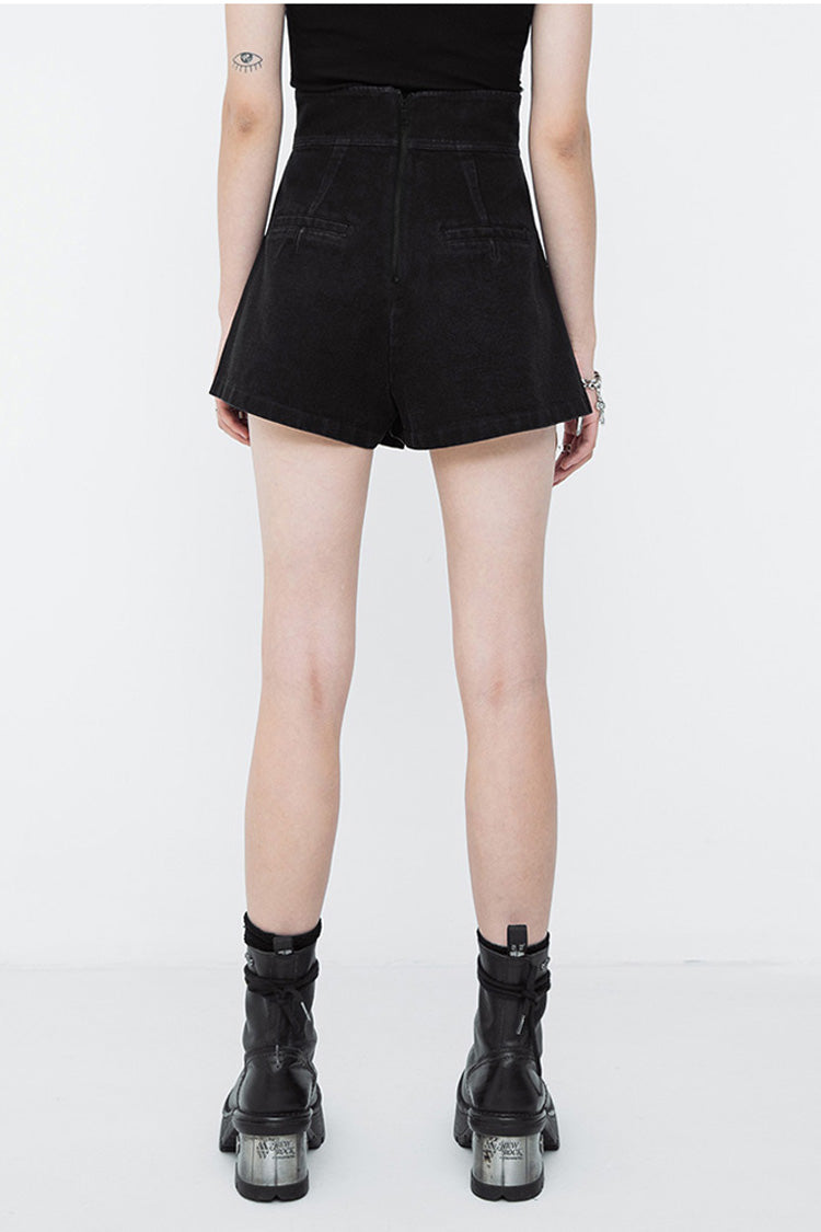 Black Metal Zipper High Waist Irregular Hem Women's Punk A-Line Shorts