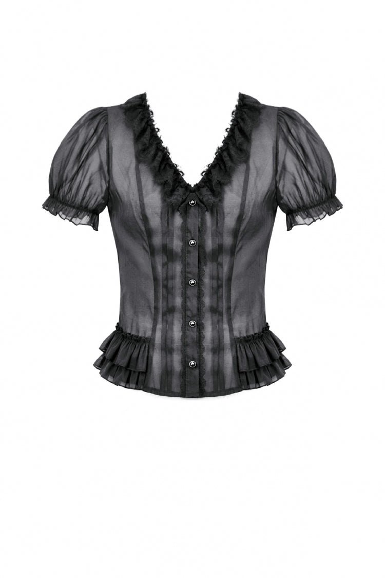 Black Deep V Collar Short Puff Sleeves Multi-Layered Ruffled Lace Sheer Women's Gothic Blouse