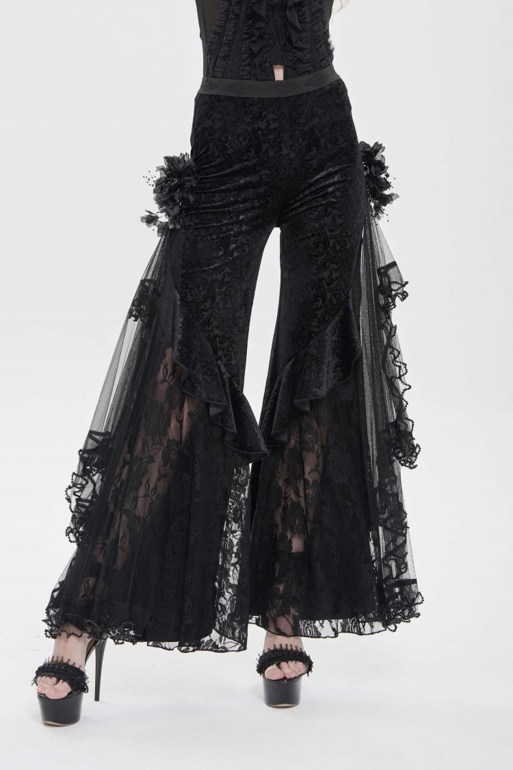 Black Embroidered Lace Women's Printed Mesh Floral Gothic Pants